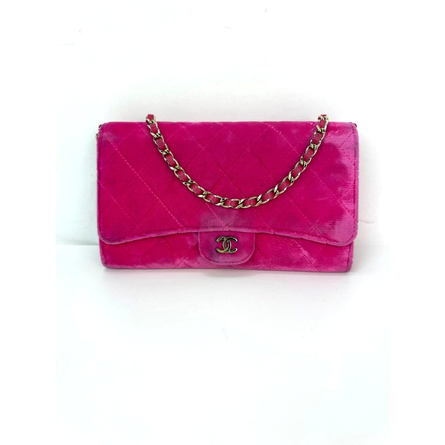 Chanel Velvet Quilted Timeless Fuchsia Wallet on a Chain Clutch Bag