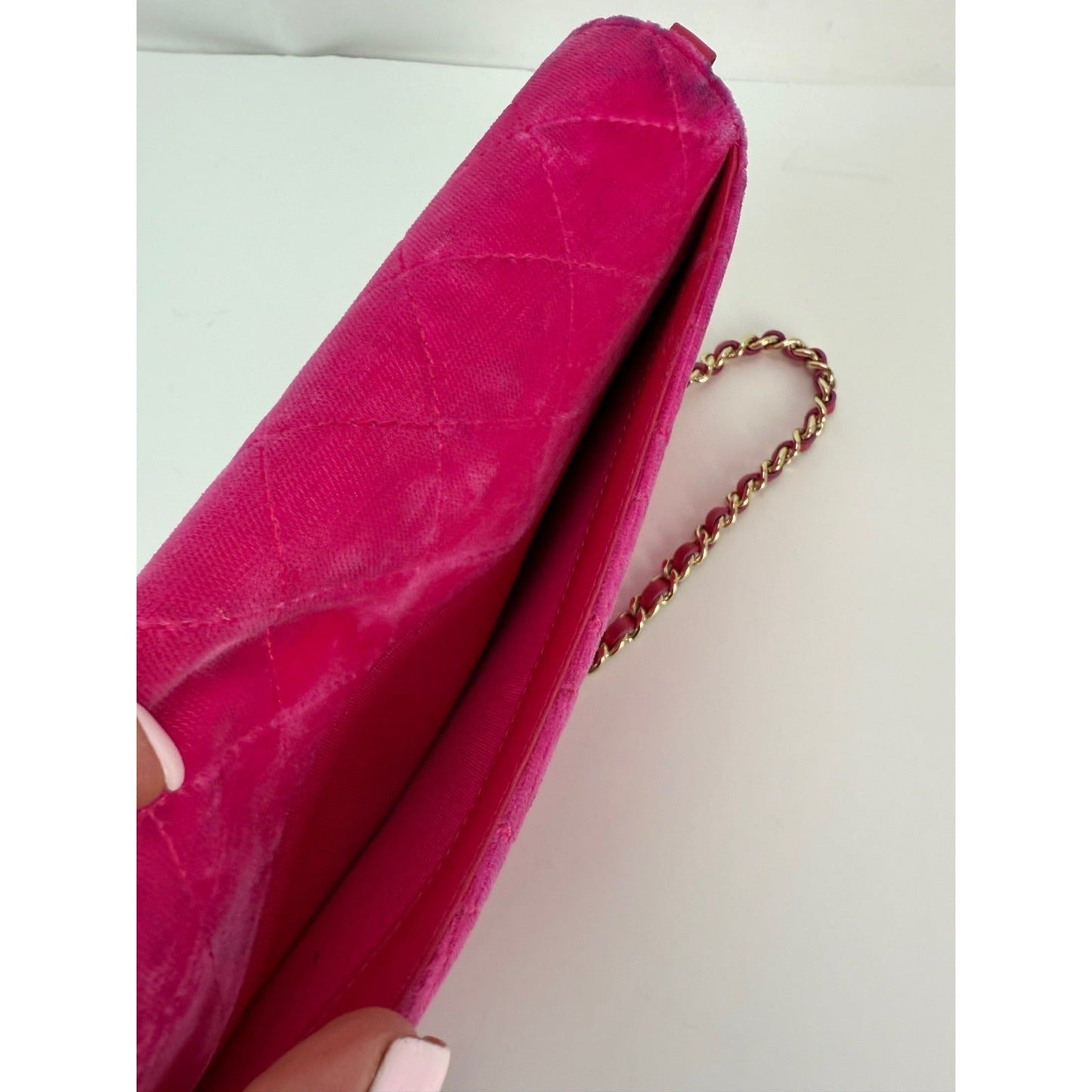 Chanel Velvet Quilted Timeless Fuchsia Wallet on a Chain Clutch Bag