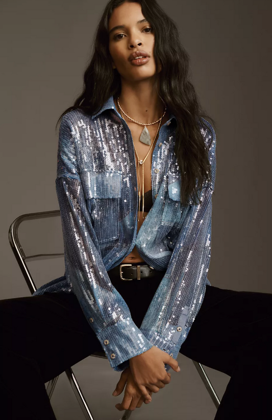Anthropologie Pilcro Long-Sleeve Oversized Sequin Buttondown Shirt Size Large