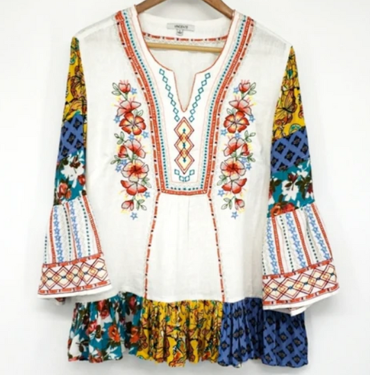 VINCENTE Embroidered PUEBLA Mexico Floral Peasant Top Shirt Tunic Blouse Size Small