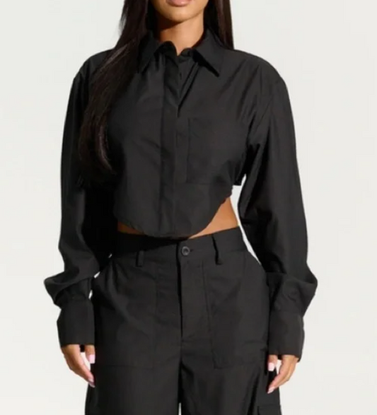 Naked Wardrobe Black Back In A Strap Long Sleeve Crop Shirt Size Large