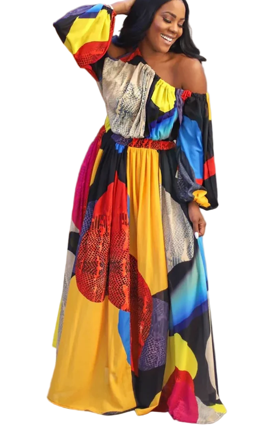 Multicolor Casual All Over Print Lantern Sleeve Maxi Dress Size 2X