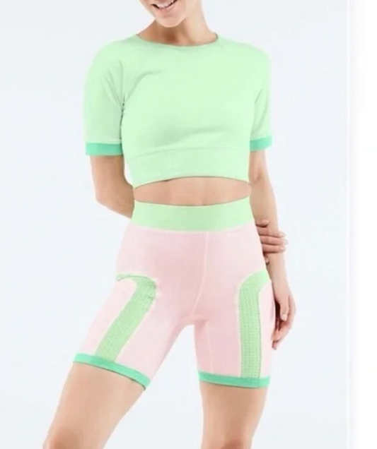 Fabletics Maddie Ziegler Pink Green Color Block Crop Top and Shorts Set Size 1X