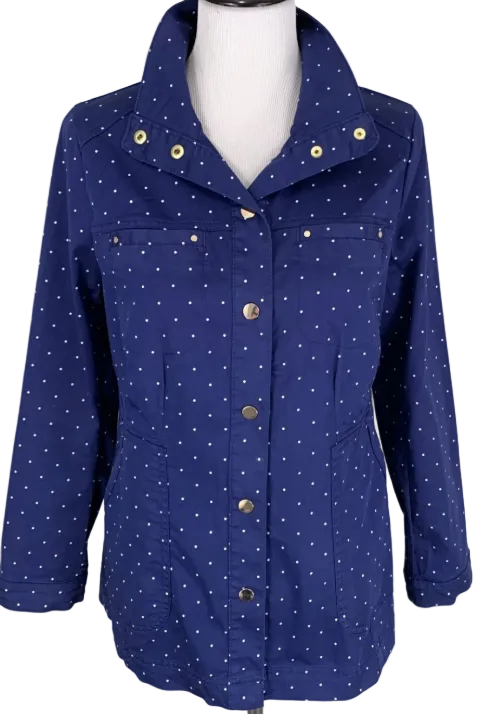 CHICOS Blue White Polka Dot Snap Button Coat Jacket Size 2 (US Large)