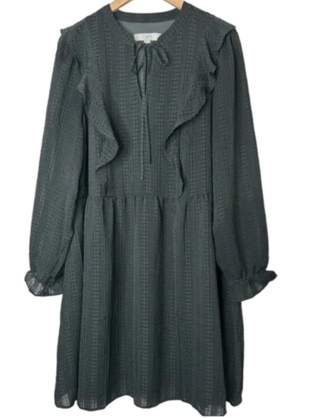 LOFT Green Textured Long Sleeve Ruffle Keyhole Neckline Dress Size XLarge