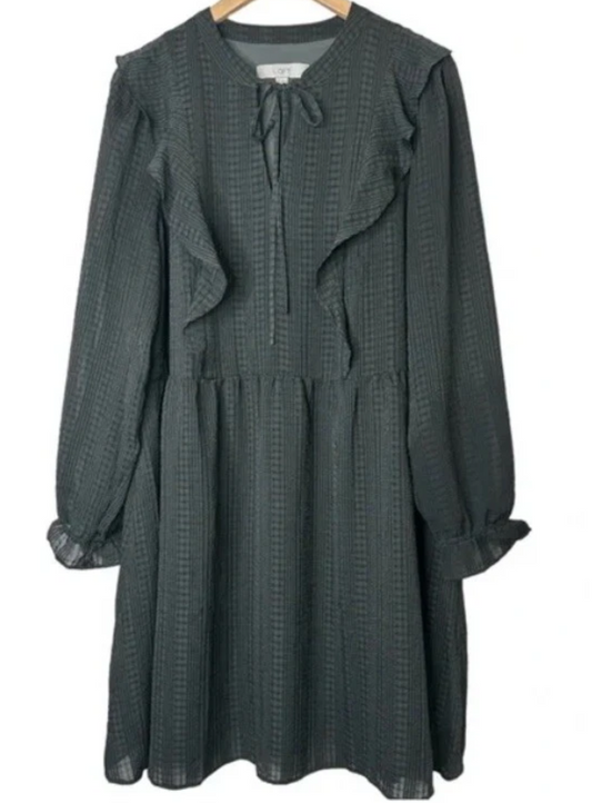 LOFT Green Textured Long Sleeve Ruffle Keyhole Neckline Dress Size XLarge