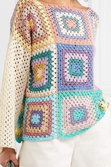 Rose Carmine Multicolored Crochet-Knit Patchwork Sweater One Size Fits Most