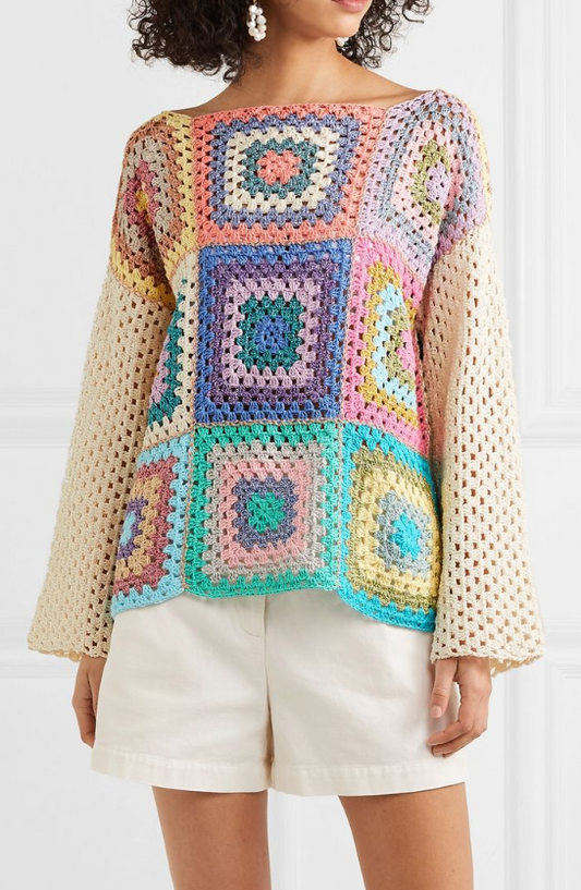 Rose Carmine Multicolored Crochet-Knit Patchwork Sweater One Size Fits Most