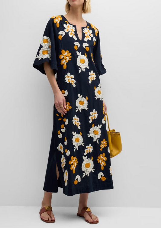 Frances Valentine Dreamy Floral-Embroidered Caftan Dress Size 3X