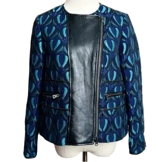 Club Monaco Aubrey Brocade & Lambskin Leather Moto Jacket Size 6