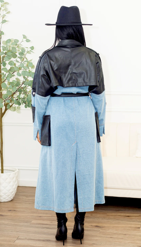 Athina Two-Tone Denim & Faux Leather Trench Coat