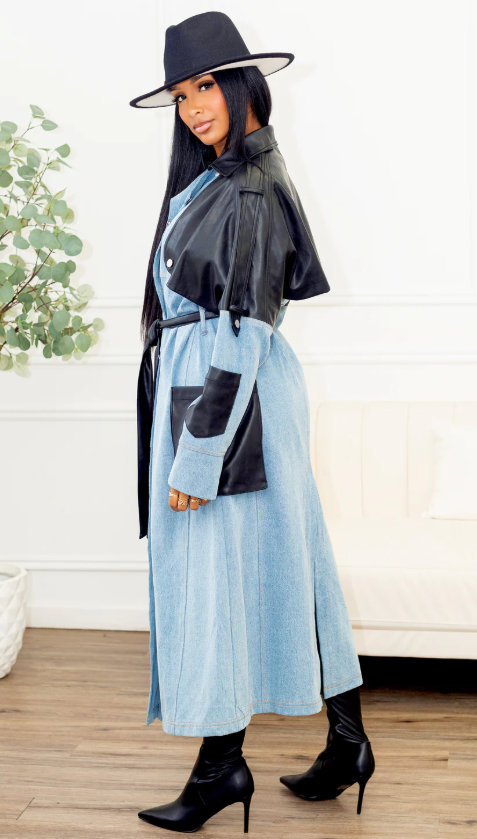 Athina Two-Tone Denim & Faux Leather Trench Coat