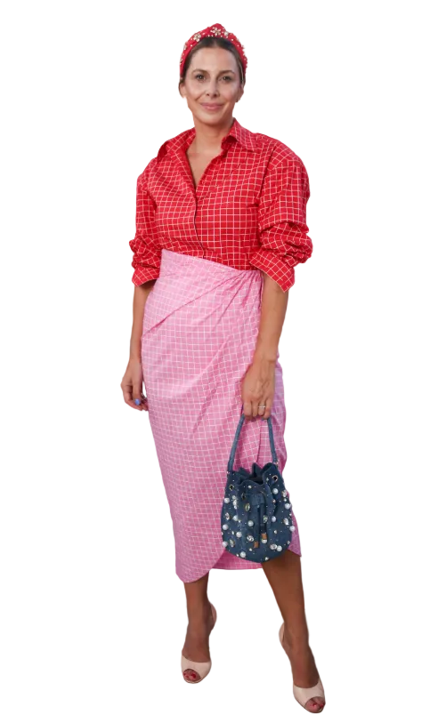 Brandon Maxwell Red Pink Colorblock Windowpane Cotton Shirt Dress Size 2