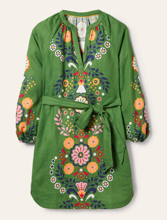 Boden Opulent Garden Print Green Linen Tunic Dress  Size 10L
