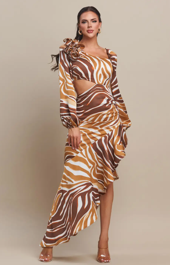 The Sang Long Sleeve Diagonal Ruffle Maxi Dress Size Medium
