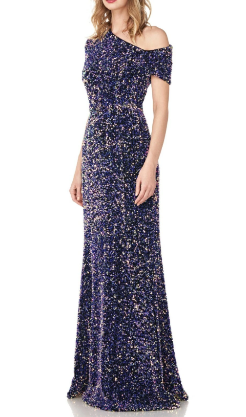 Ray Unger Hutton One-Shoulder Sequin Velvet Evening Gown Size 6