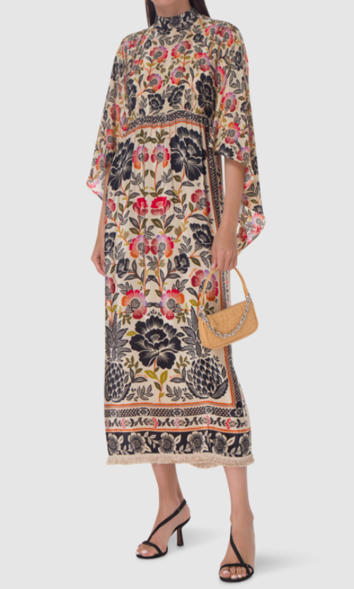 FARM RIO 
Fringed Floral-Print Crepe Maxi Dress Size Large