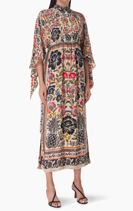 FARM RIO 
Fringed Floral-Print Crepe Maxi Dress Size Large