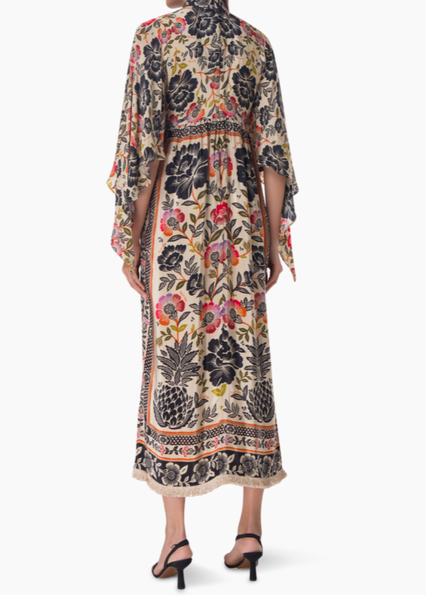 FARM RIO 
Fringed Floral-Print Crepe Maxi Dress Size Large