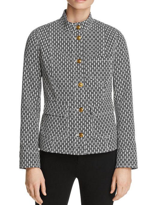 Tory Burch Cameron Jacket Crosshatch Print Ivory/Navy Size 10