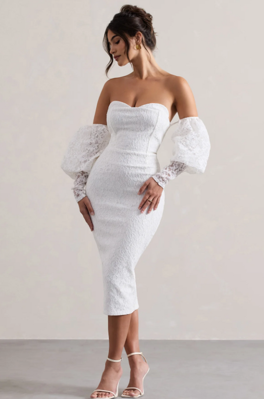 Club L London Mary White Lace Bardot Puff-Sleeve Midi Dress Size 4