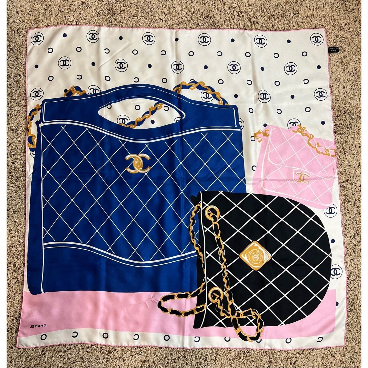 Chanel Silk Pink Black Blue Scarf