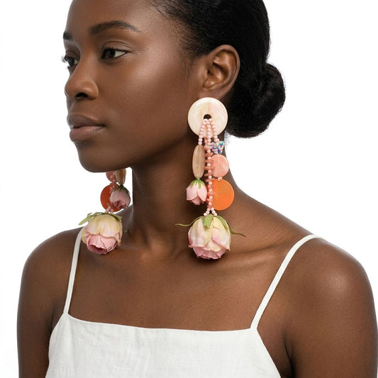 Pink & Peach Oversized Tropical Garden Drop Earrings
