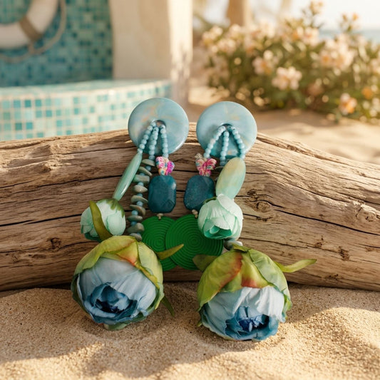 Turquoise & Brown Oversized Tropical Garden Drop Earrings