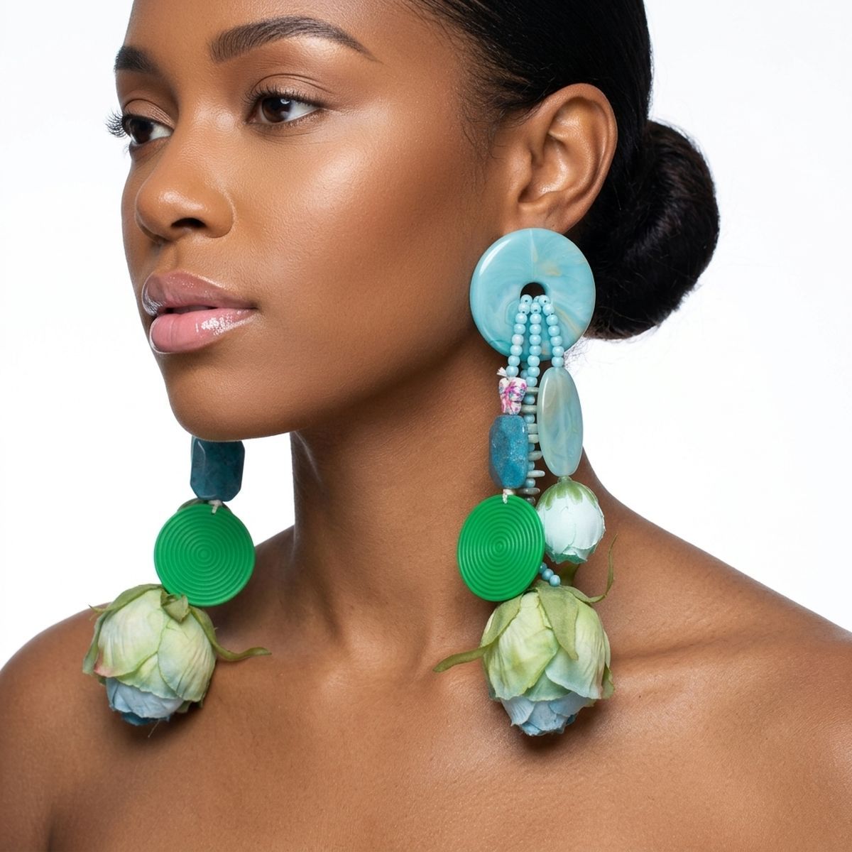 Turquoise & Brown Oversized Tropical Garden Drop Earrings