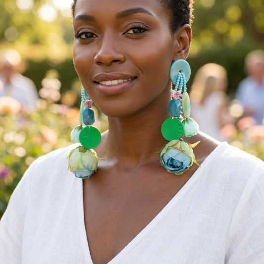 Turquoise & Brown Oversized Tropical Garden Drop Earrings