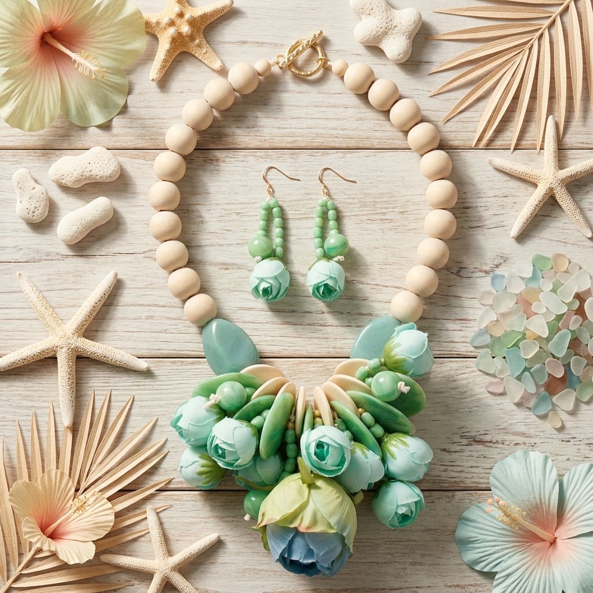 Mint Green Floral Garden Wood Bead Bib Necklace & Earring Set