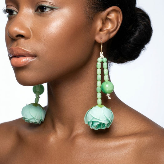 Mint Green Floral Garden Wood Bead Bib Necklace & Earring Set
