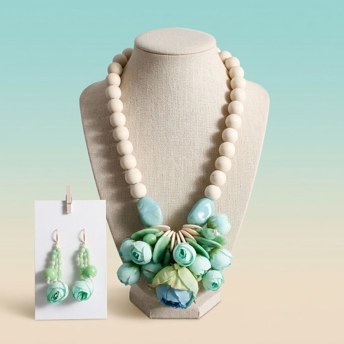 Mint Green Floral Garden Wood Bead Bib Necklace & Earring Set