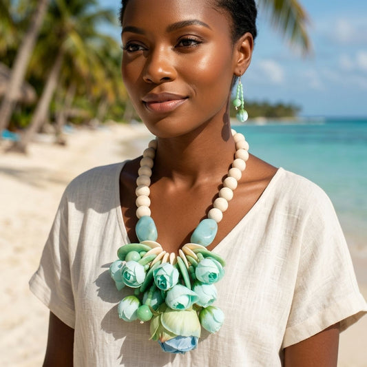 Mint Green Floral Garden Wood Bead Bib Necklace & Earring Set