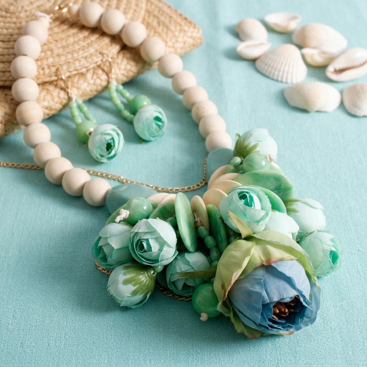 Mint Green Floral Garden Wood Bead Bib Necklace & Earring Set