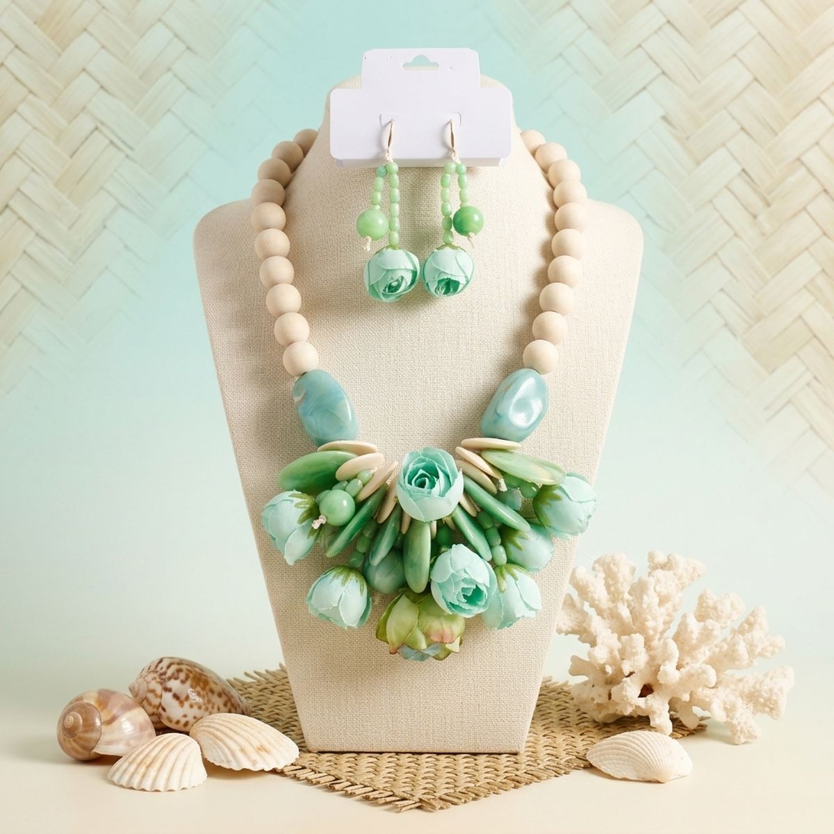 Mint Green Floral Garden Wood Bead Bib Necklace & Earring Set