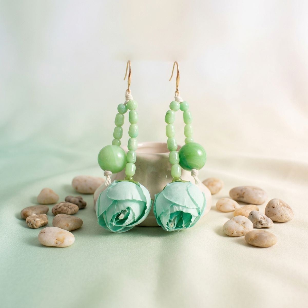 Mint Green Floral Garden Wood Bead Bib Necklace & Earring Set