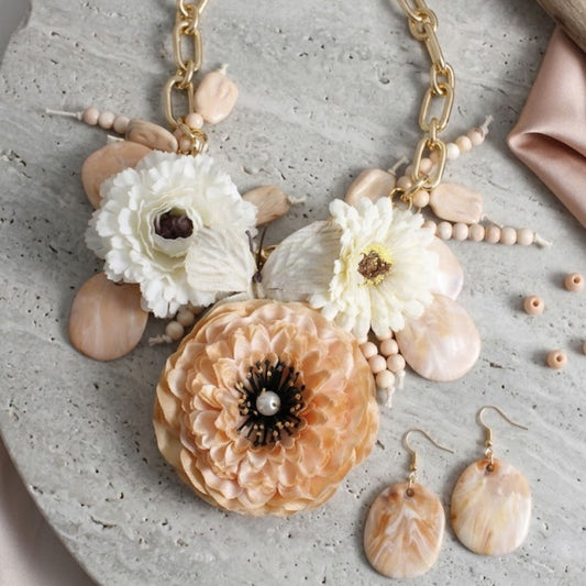 Floral Butterfly Bib Necklace Set | Ivory Peony & Peach Statement Piece