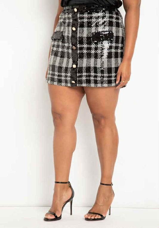 Eloquii Plaid Black White Houndstooth Sequin Mini Skirt Size 14