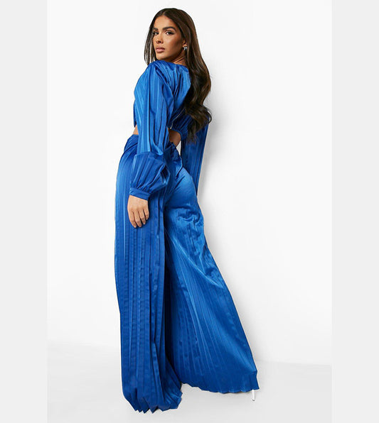 Boohoo Blue Pleated Jumpsuit Size 10