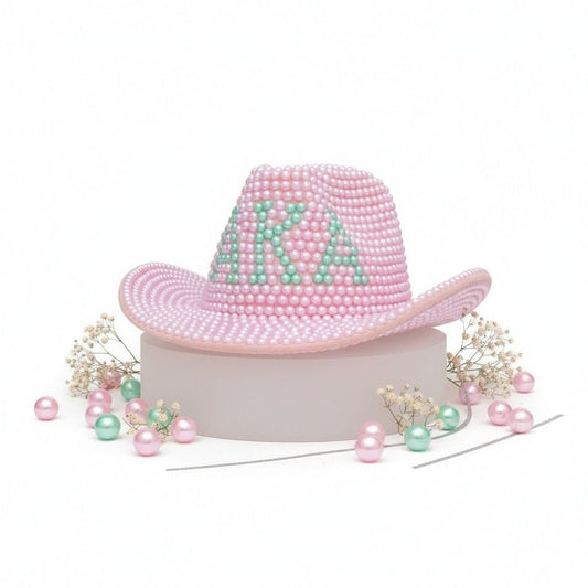 AKA Sorority Pink and Green Pearl Fedora Hat Women