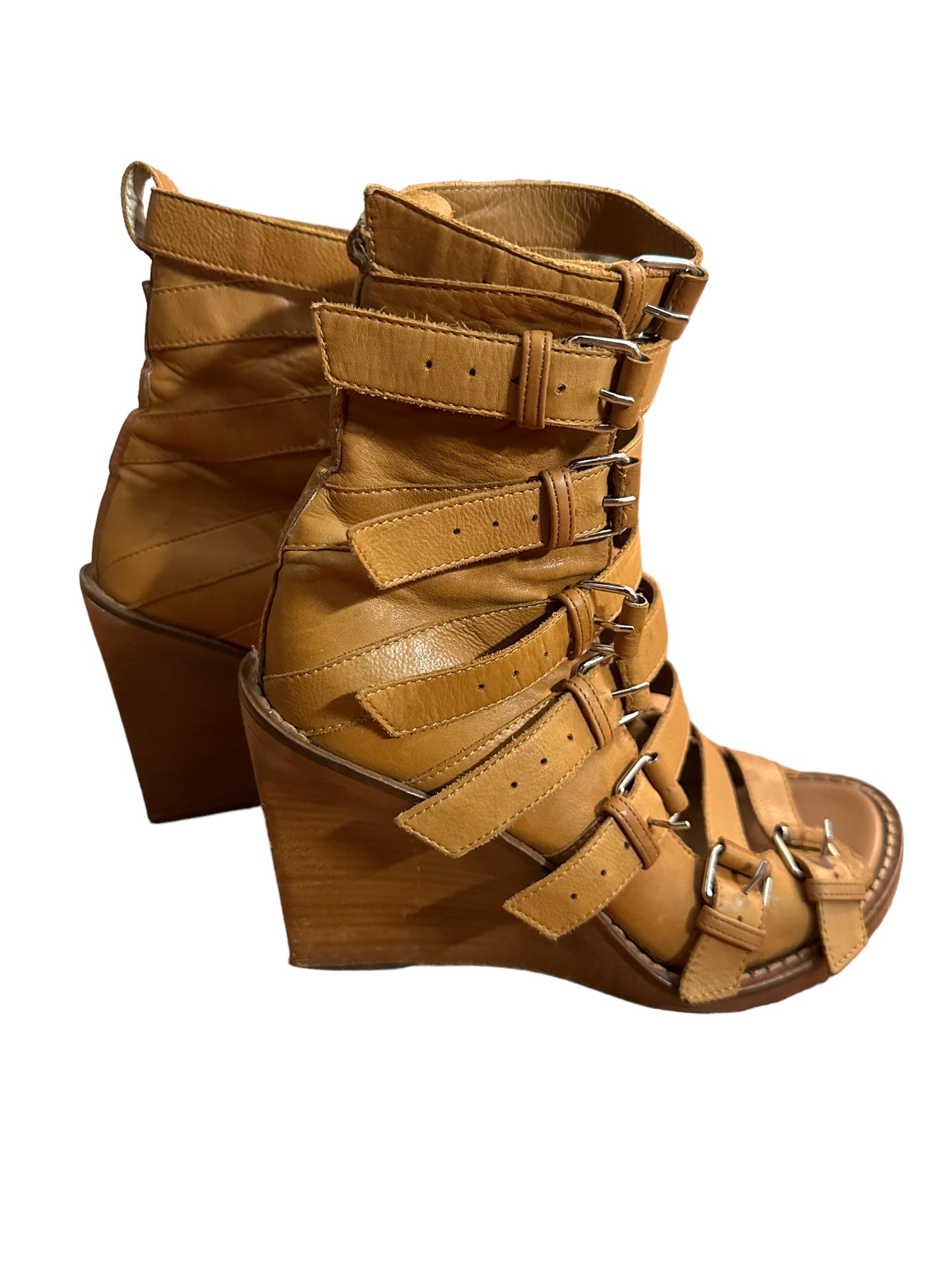 Ann Demeulemeester Camel Leather Strappy Wedges Size 37 (US 6)