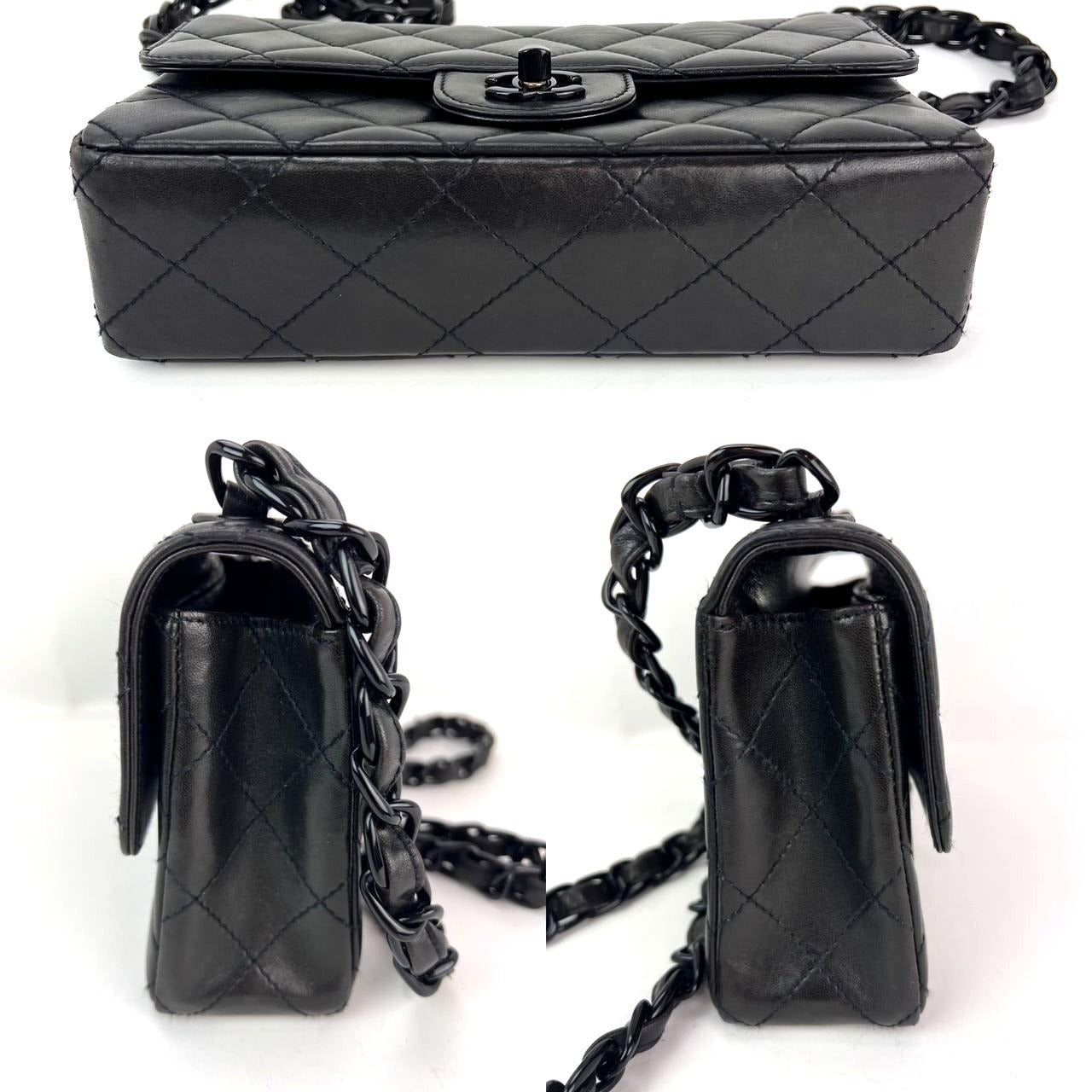 Chanel Vintage Quilted Lambskin Black Resin Chain Small Classic Single Flap Bag RARE