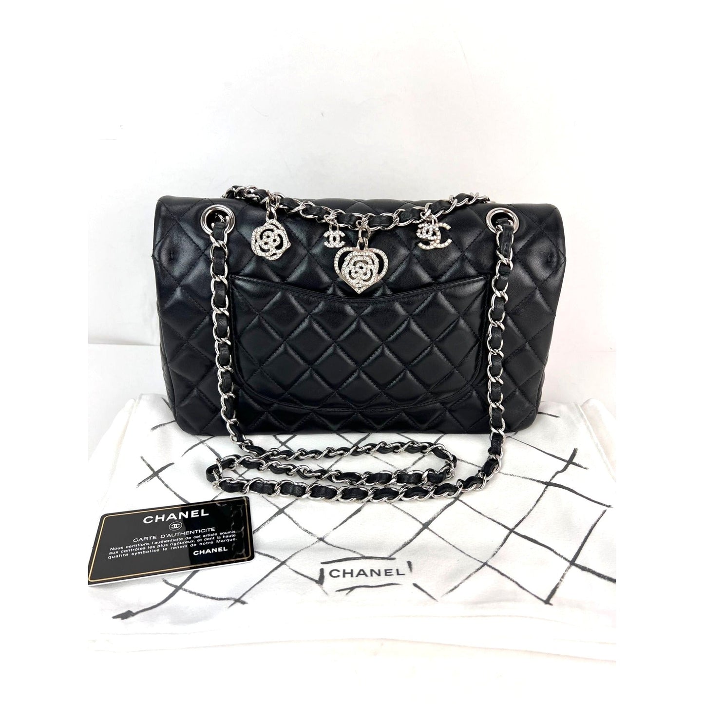 Chanel Quilted Lambskin Valentine Crystal Charms Medium Single Flap Black Bag