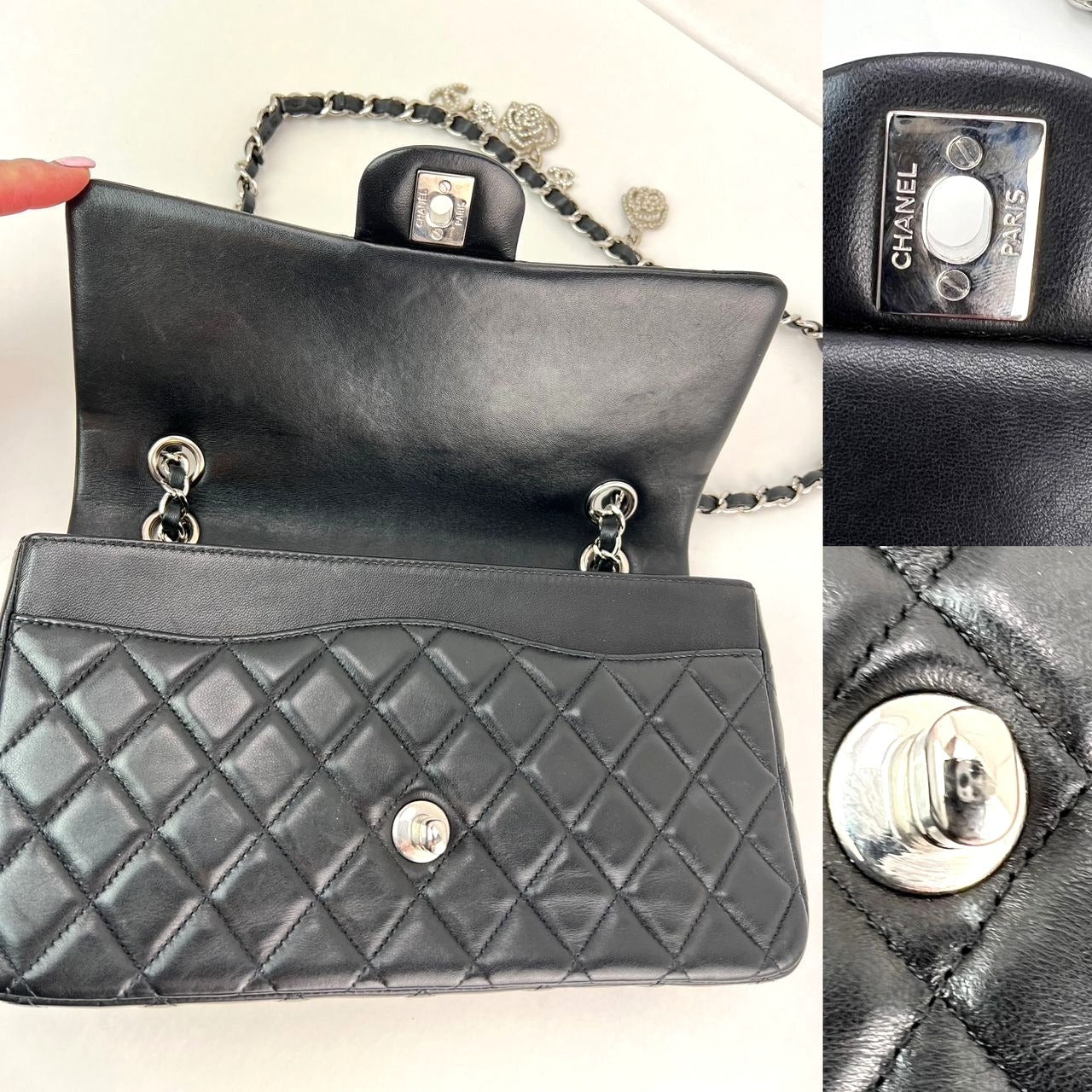 Chanel Quilted Lambskin Valentine Crystal Charms Medium Single Flap Black Bag