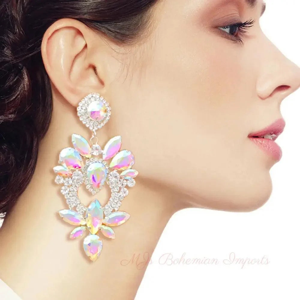Silver Glass Crystal Heart Drop Earrings