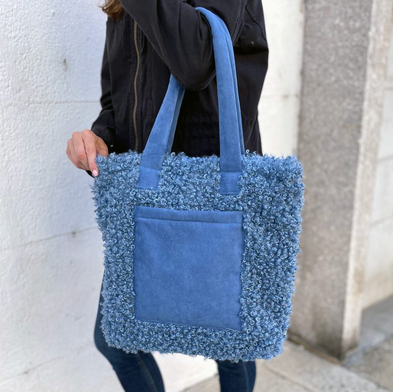 Curly Faux Fur Tote With Laptop Sleeve – Stone Blue