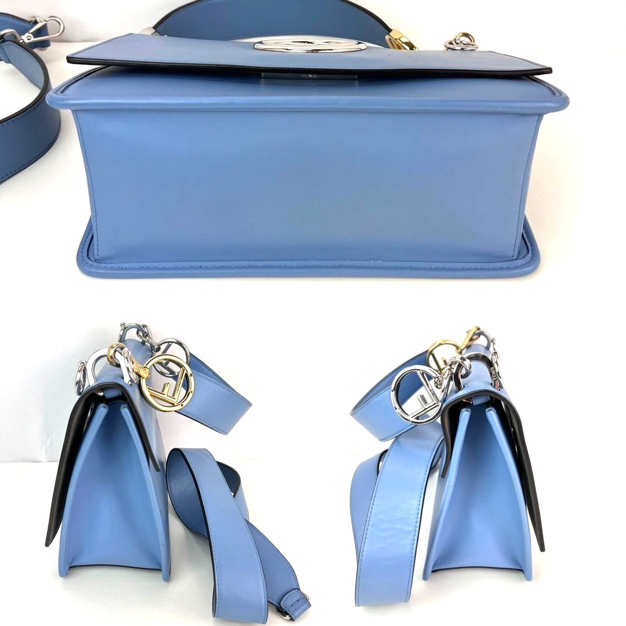 Fendi F Kan 1 Medium Blue Leather Shoulder Hand Bag