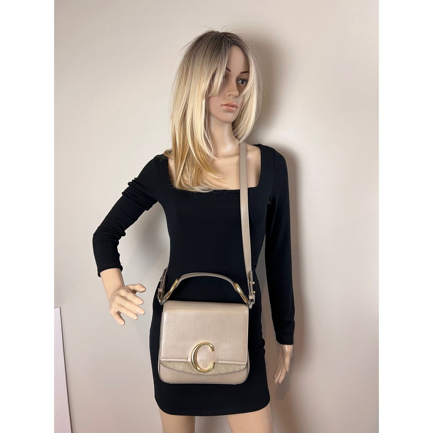 Chloe Shiny Calfskin Suede Small C Motty Gray Shoulder Bag