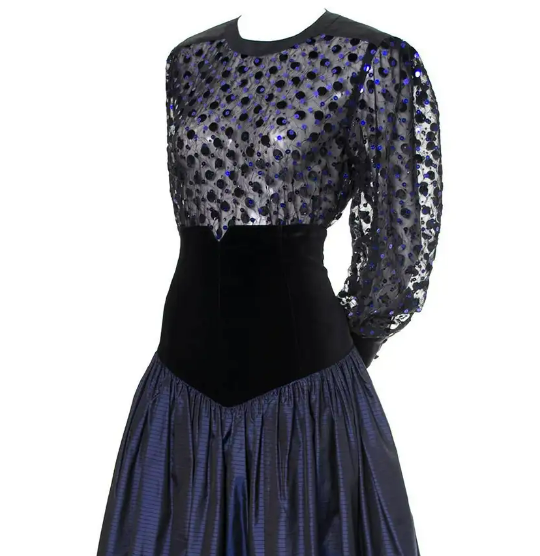 Vintage Escada Purple Blue Black Sequin Velvet Sheer Blouse Size 38 (US 8) Medium